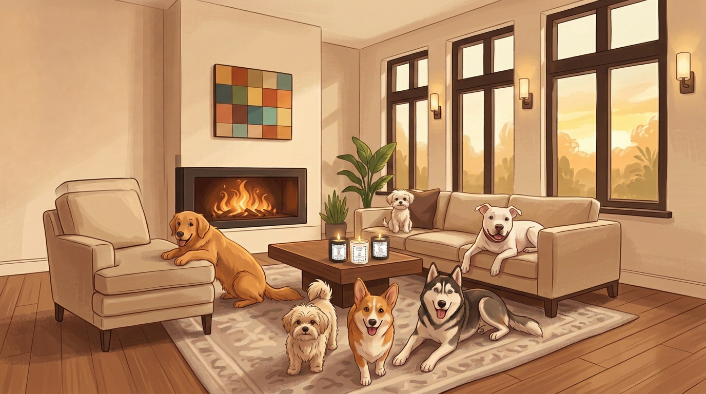 Happy dogs relaxing in a cozy living room with Scents of a Dog candles
