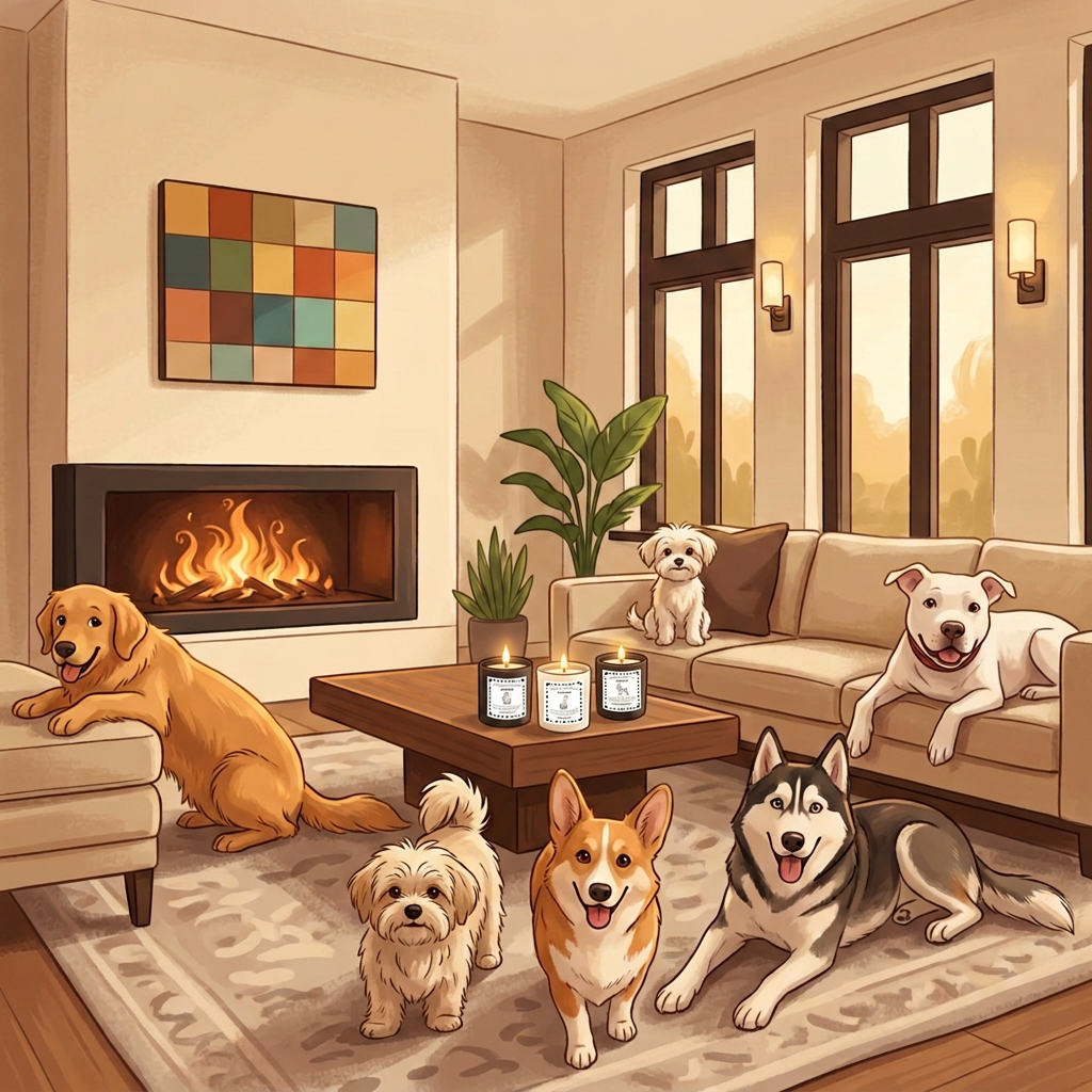 Happy dogs relaxing in a cozy living room with Scents of a Dog candles